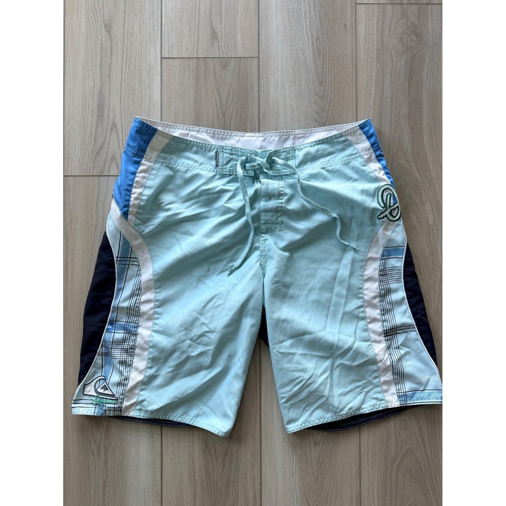 Y2K Vintage Quiksilver Board Shorts Mens Blue Plaid Embroidered Swim Trunks
